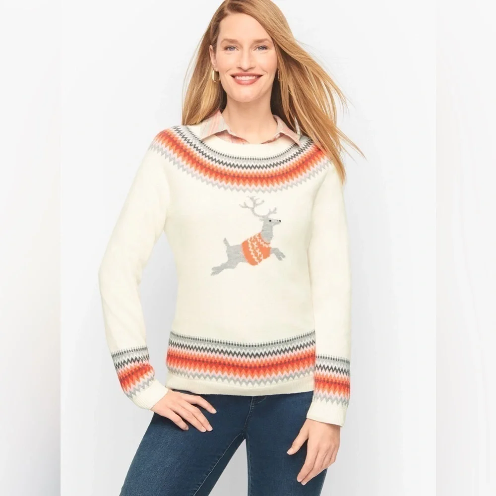 Talbots Deer Fair Isle Novelty Holiday Sweater Cream + Grey size L - Picture 2 of 5